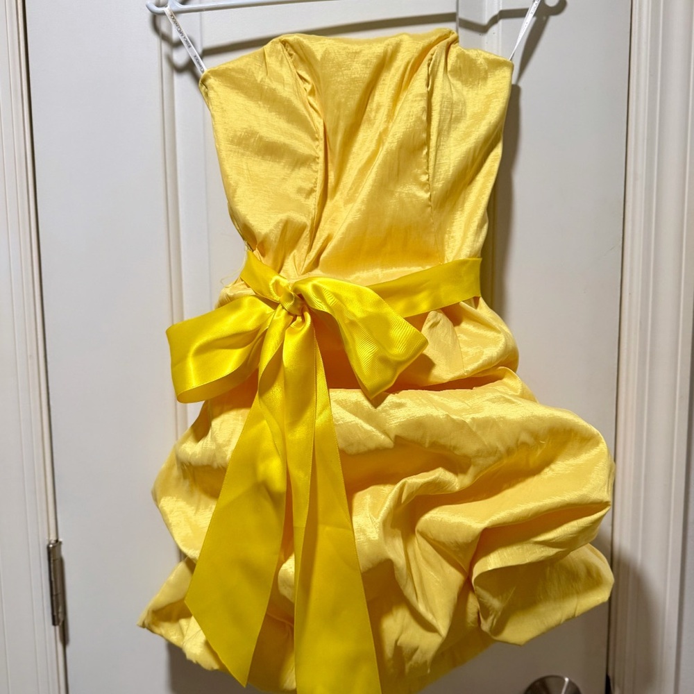 David’s Bridal Yellow Strapless Dress with Silk Bow